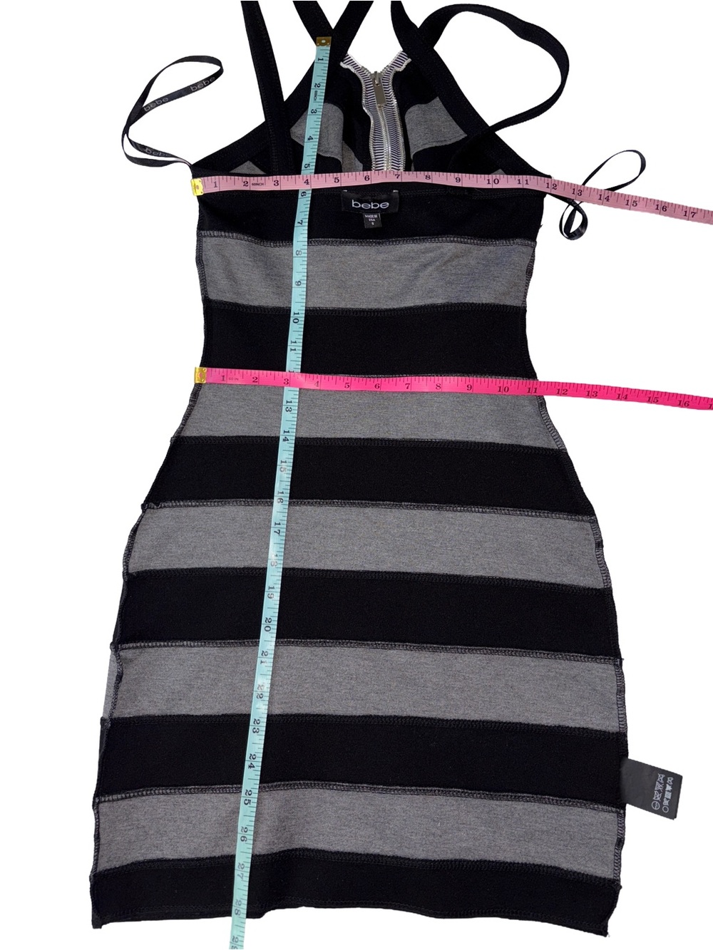 bebe Black & Gray Striped Bodycon Mini Dress Exposed Zipper Size S - Picture 5 of 9